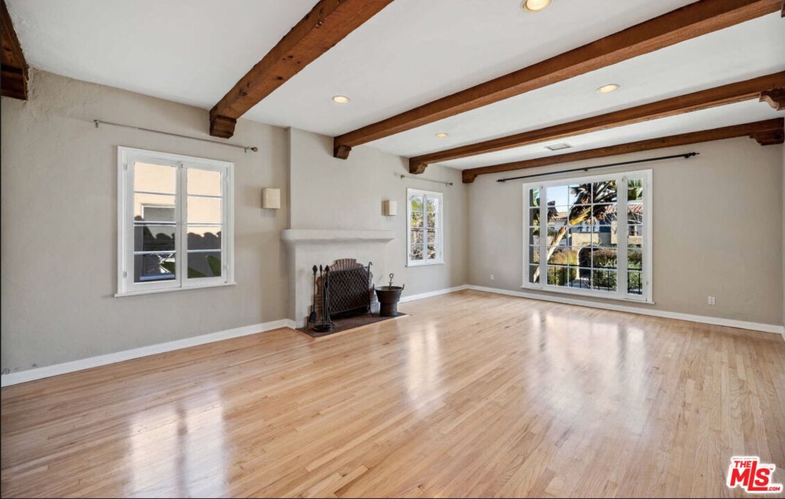 Empty room, Fireplace, Interior, Recessed Lighting, Wooden Beams, Wood Texture Flooring