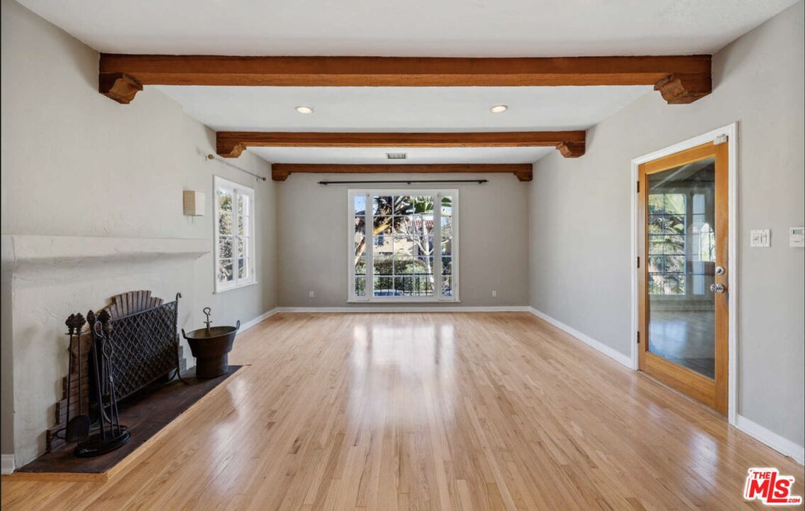 Empty room, Fireplace, Interior, Recessed Lighting, Wooden Beams, Wood Texture Flooring