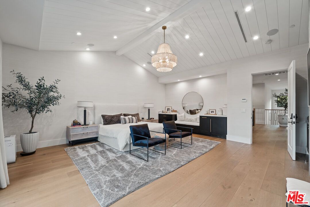 Bedroom, Chandelier, Interior, Recessed Lighting, Wood Texture Flooring