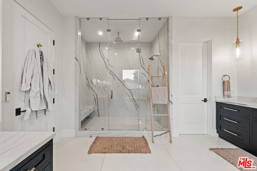 Bathroom, Glass Shower, Interior, Marble Walls, Pendant Lights, Recessed Lighting