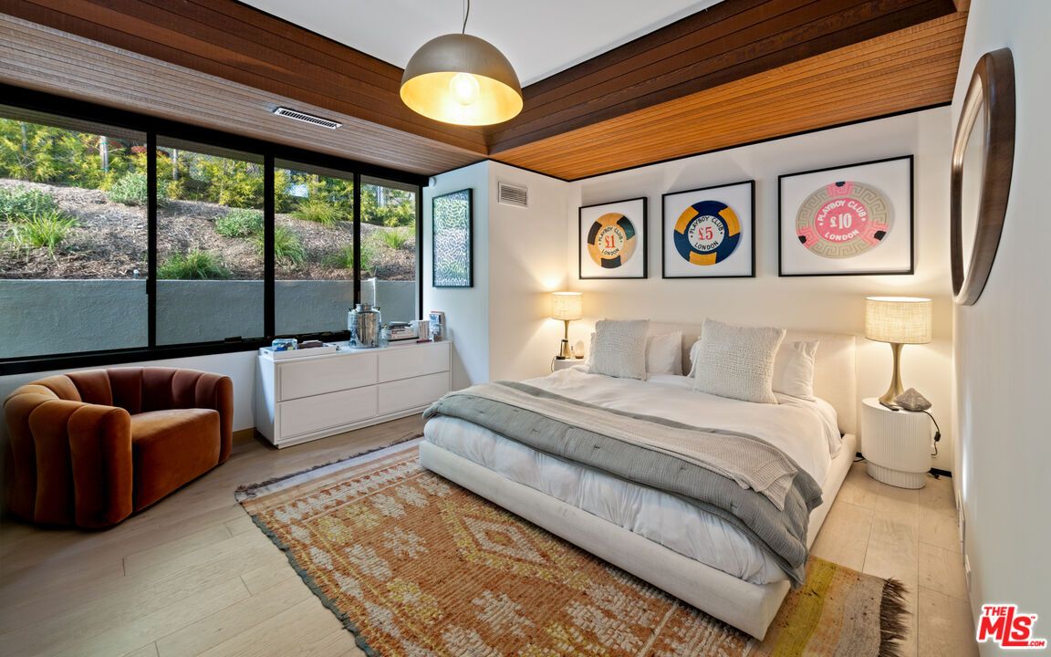 Bedroom, Interior, Pendant Lights, Wooden Ceilings, Wood Texture Flooring