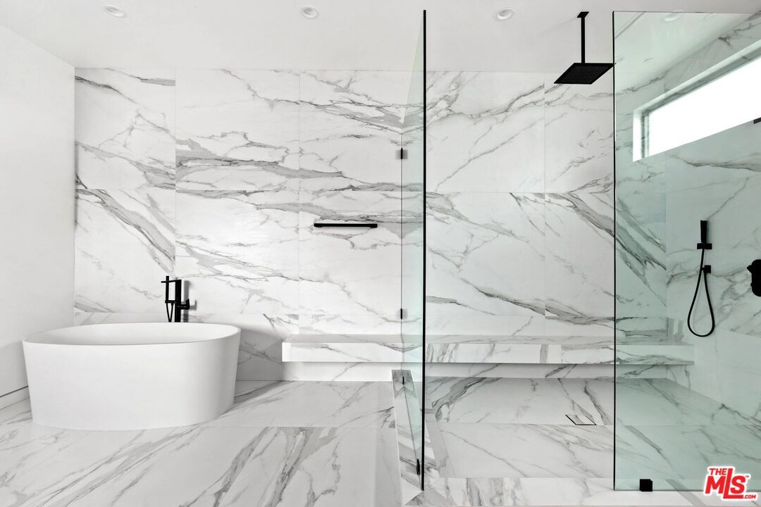 Bathroom, Free Standing Baths, Glass Shower, Interior, Marble, Marble Walls, Recessed Lighting