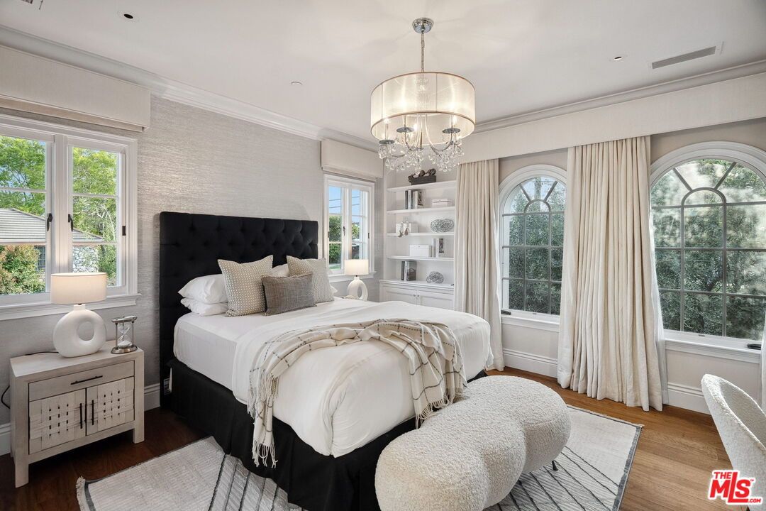 Bedroom, Chandelier, Interior, Recessed Lighting, Wood Texture Flooring