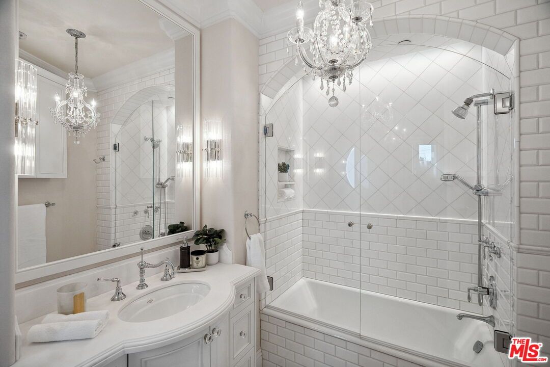 Bathroom, Chandelier, Glass Shower, Interior, Pendant Lights