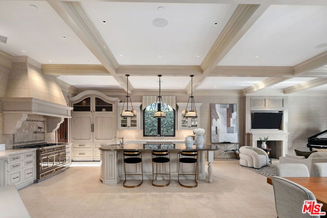 Fireplace, Interior, Kitchen, Pendant Lights, Recessed Lighting, Stainless Steel Appliances