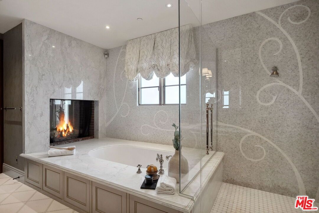 Bathroom, Fireplace, Glass Shower, Interior, Marble Walls, Recessed Lighting