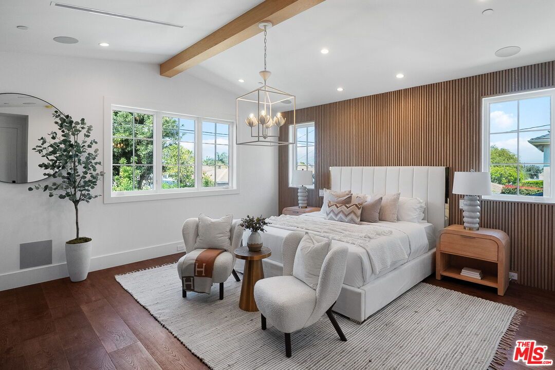 Bedroom, Interior, Pendant Lights, Recessed Lighting, Wooden Beams, Wood Texture Flooring