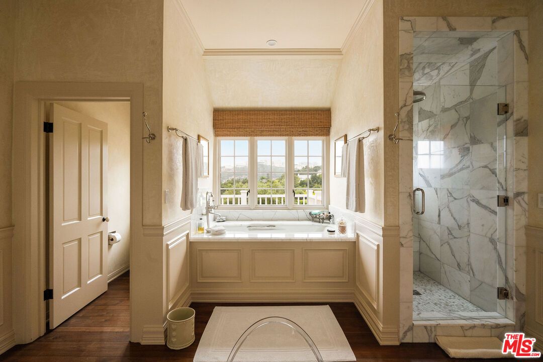 Bathroom, Glass Shower, Interior, Marble Walls, Recessed Lighting, Wood Texture Flooring