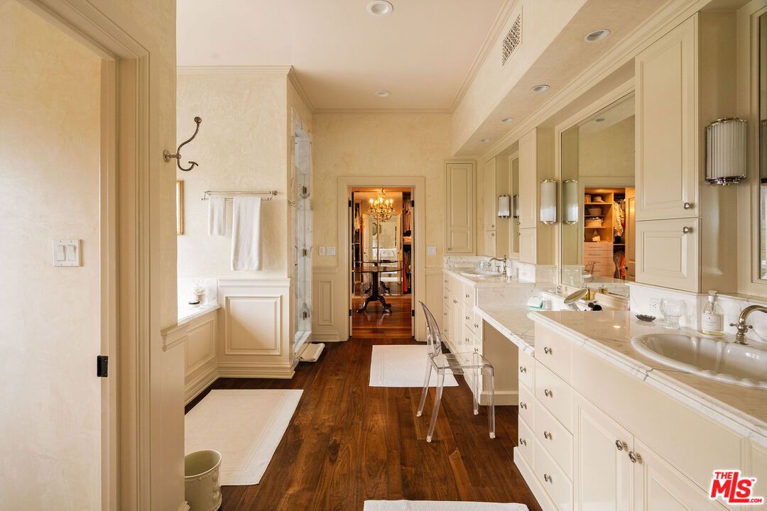 Bathroom, Dual Sink Vanities, Interior, Recessed Lighting, Tile Countertops, Wood Texture Flooring
