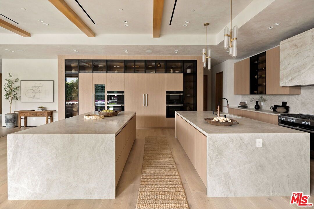 Interior, Kitchen, Pendant Lights, Recessed Lighting, Stainless Steel Appliances, Wooden Beams, Wood Texture Flooring