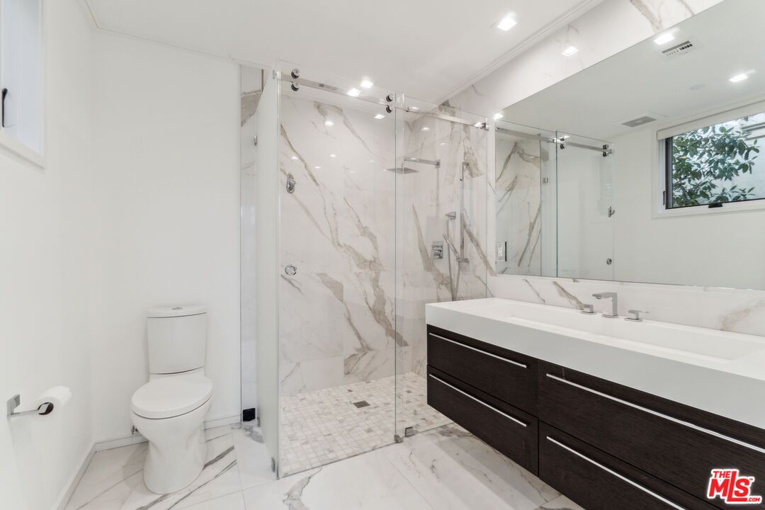 Bathroom, Glass Shower, Interior, Marble, Marble Walls, Recessed Lighting