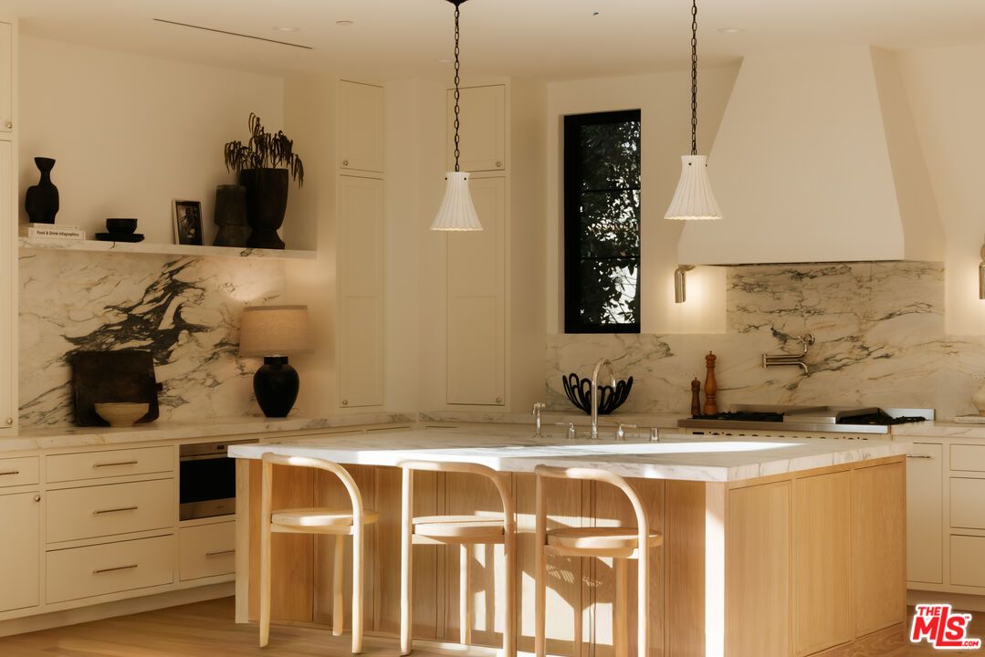 Interior, Kitchen, Marble Walls, Pendant Lights, Wood Texture Flooring