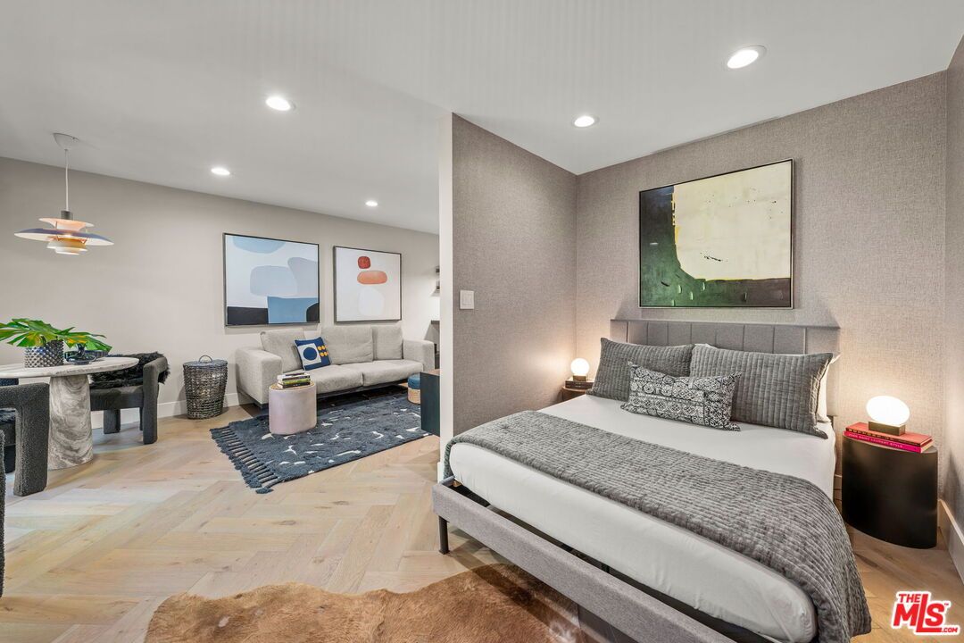 Bedroom, Interior, Pendant Lights, Recessed Lighting, Wood Texture Flooring