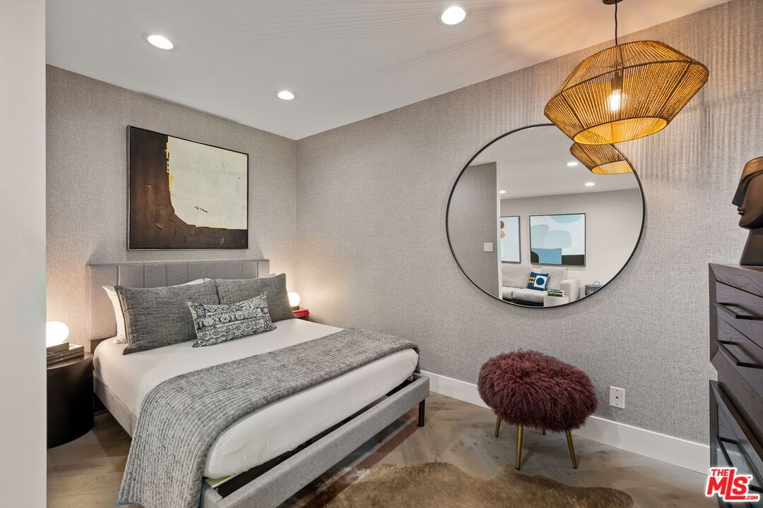 Bedroom, Interior, Pendant Lights, Recessed Lighting, Wood Texture Flooring