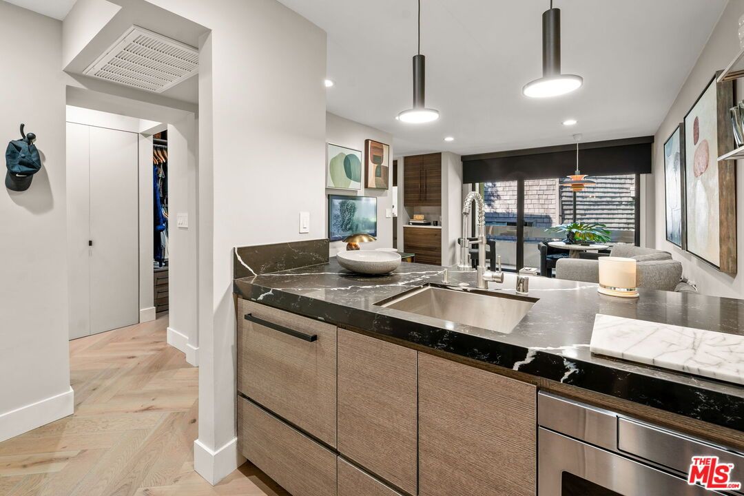 Interior, Kitchen, Pendant Lights, Recessed Lighting, Stainless Steel Appliances, Wood Texture Flooring