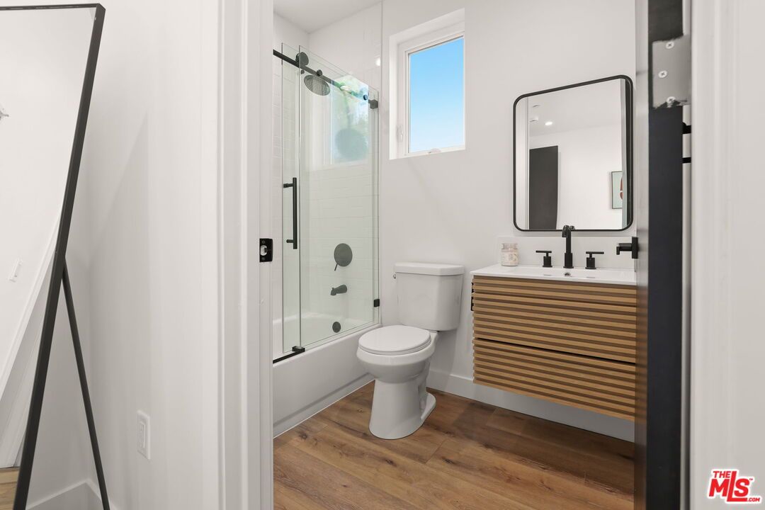 Bathroom, Glass Shower, Interior, Recessed Lighting, Wood Texture Flooring