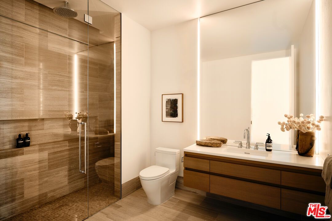 Bathroom, Glass Shower, Interior, Wood Texture Flooring