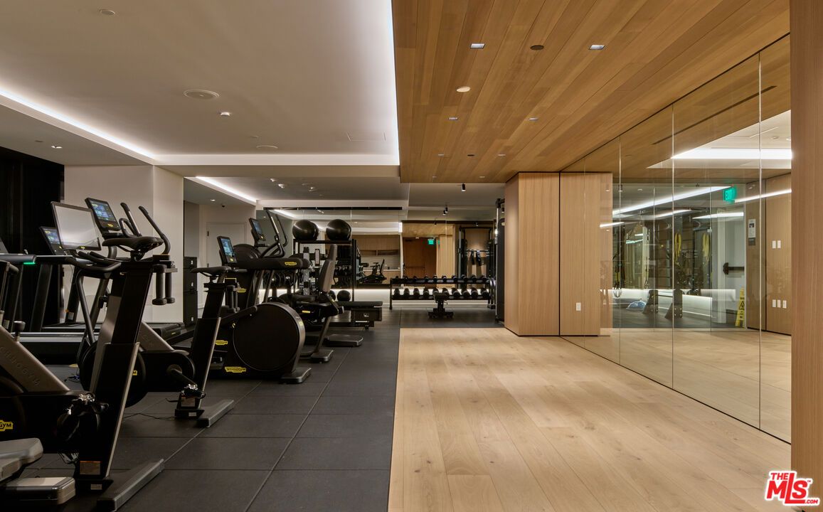 Fitness Equipment, Gym, Interior, Recessed Lighting, Wooden Ceilings, Wood Texture Flooring