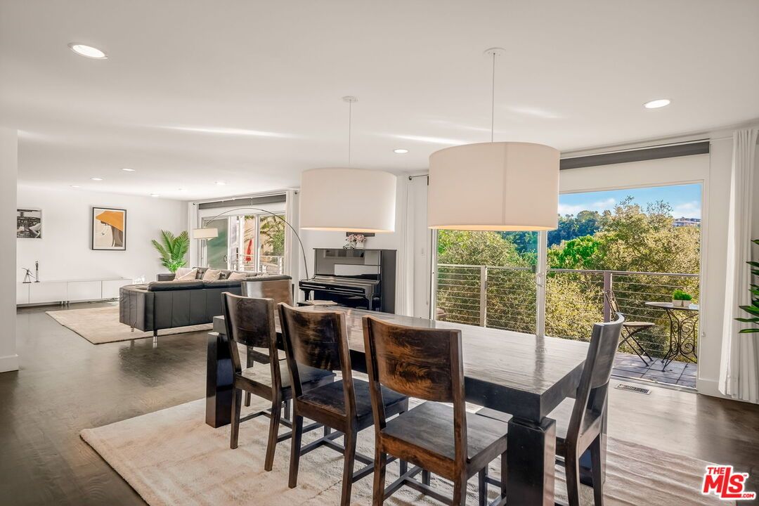 Dining room, Interior, Living room, Pendant Lights, Piano, Recessed Lighting, Wood Texture Flooring