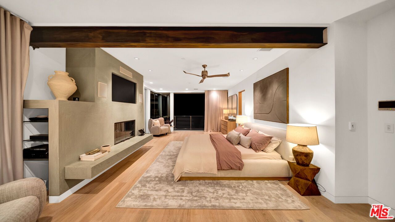 Bedroom, Fireplace, Interior, Living room, Recessed Lighting, Wood Texture Flooring