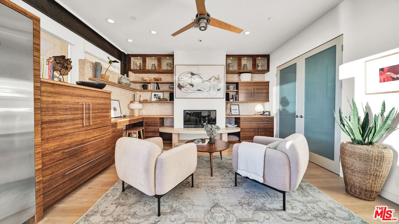 Fireplace, Home Office, Interior, Recessed Lighting, Wood Texture Flooring