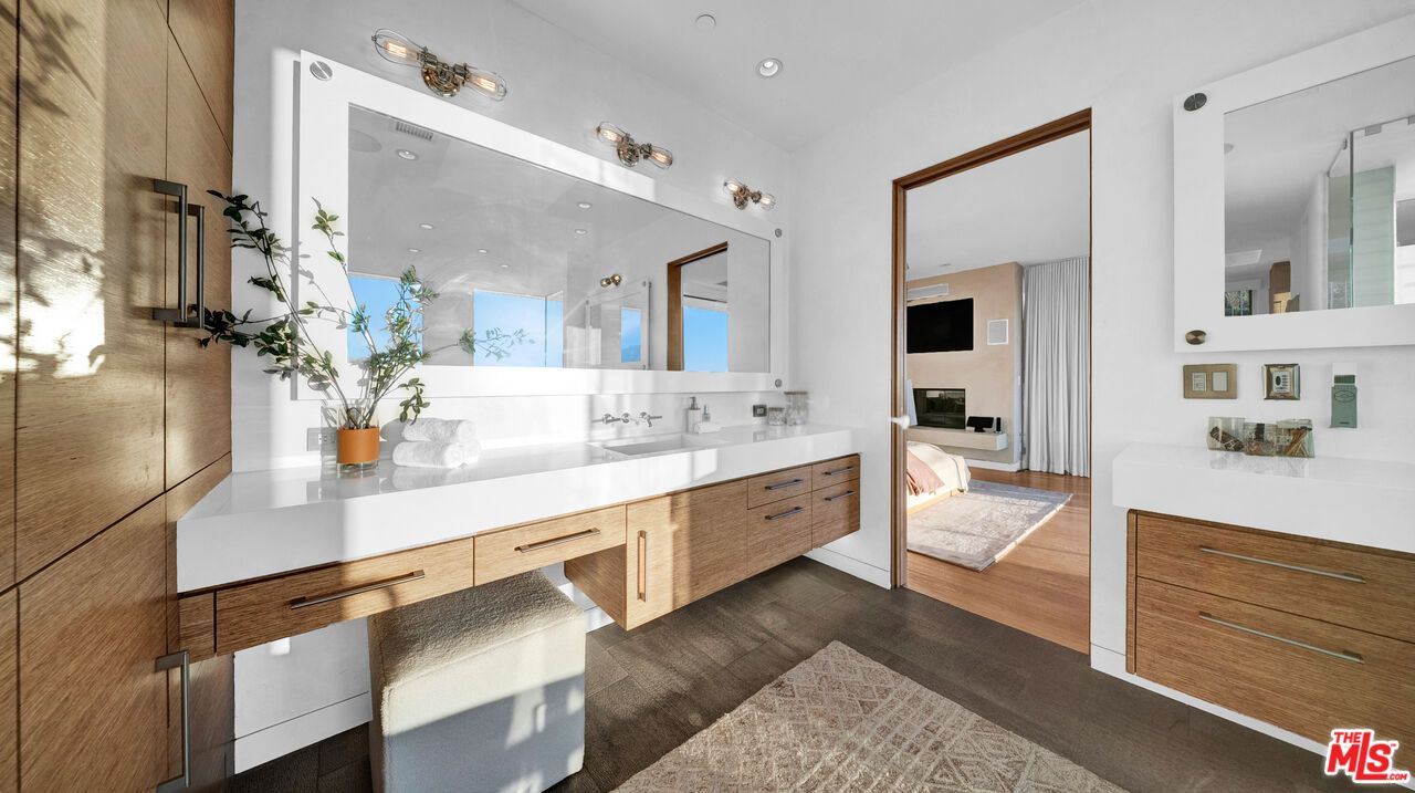 Bathroom, Dual Sink Vanities, Interior, Recessed Lighting, Wood Texture Flooring
