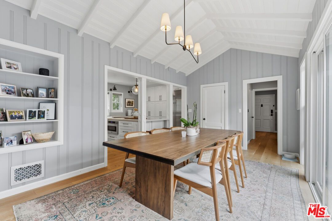 Dining room, Interior, Pendant Lights, Wood Texture Flooring