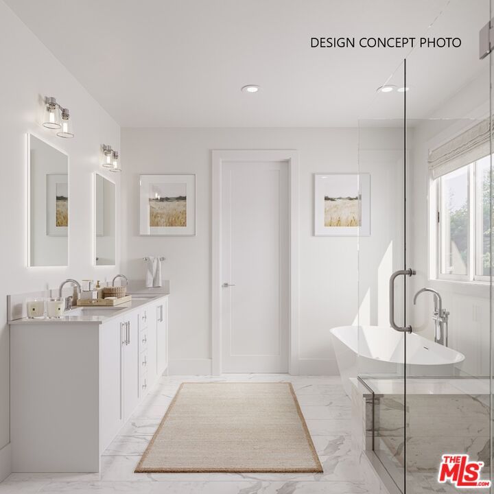 Bathroom, Dual Sink Vanities, Free Standing Baths, Glass Shower, Interior, Marble, Recessed Lighting