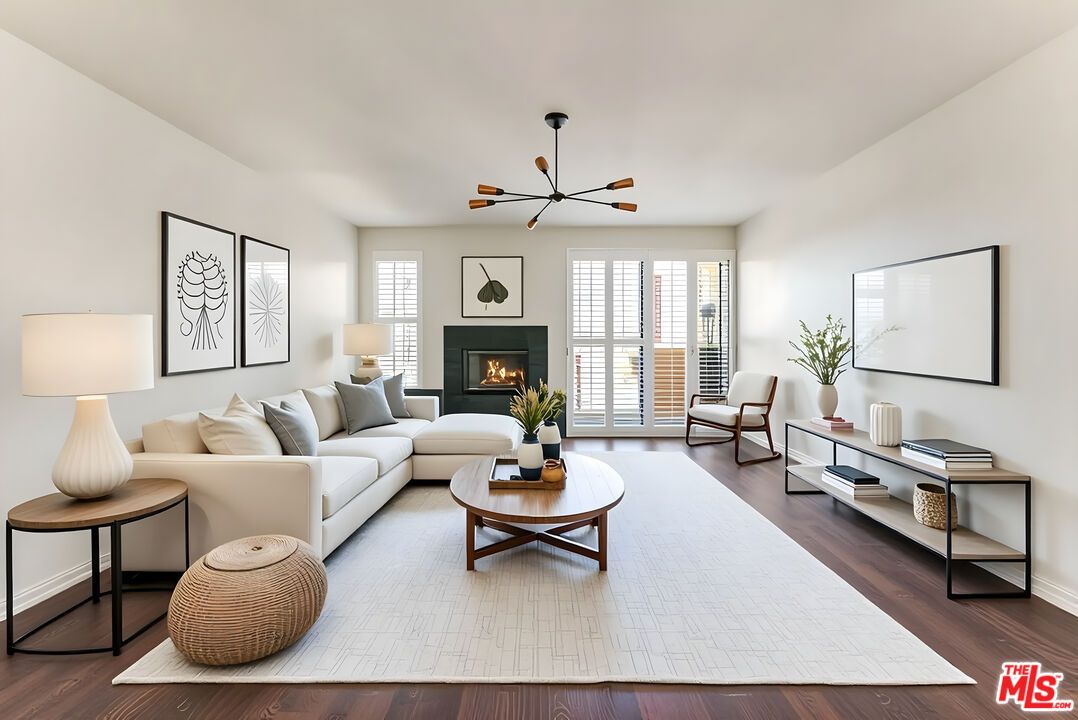Fireplace, Interior, Living room, Pendant Lights, Wood Texture Flooring