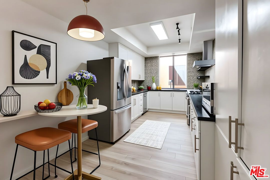 Interior, Kitchen, Pendant Lights, Stainless Steel Appliances, Wood Texture Flooring