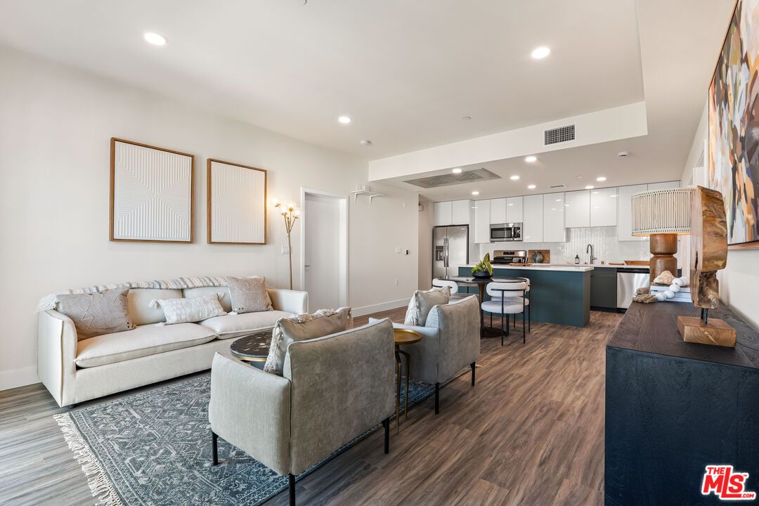 Interior, Kitchen, Living room, Recessed Lighting, Stainless Steel Appliances, Wood Texture Flooring