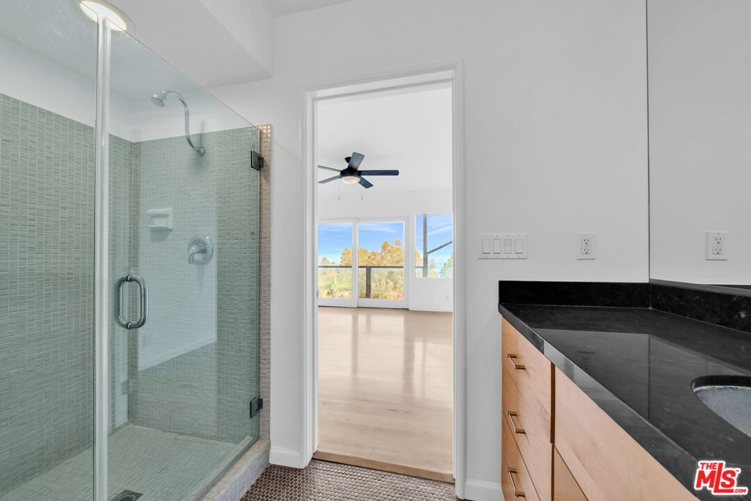 Bathroom, Dual Sink Vanities, Glass Shower, Interior, Wood Texture Flooring