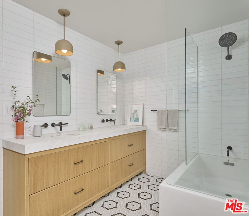 Bathroom, Dual Sink Vanities, Glass Shower, Interior, Pendant Lights