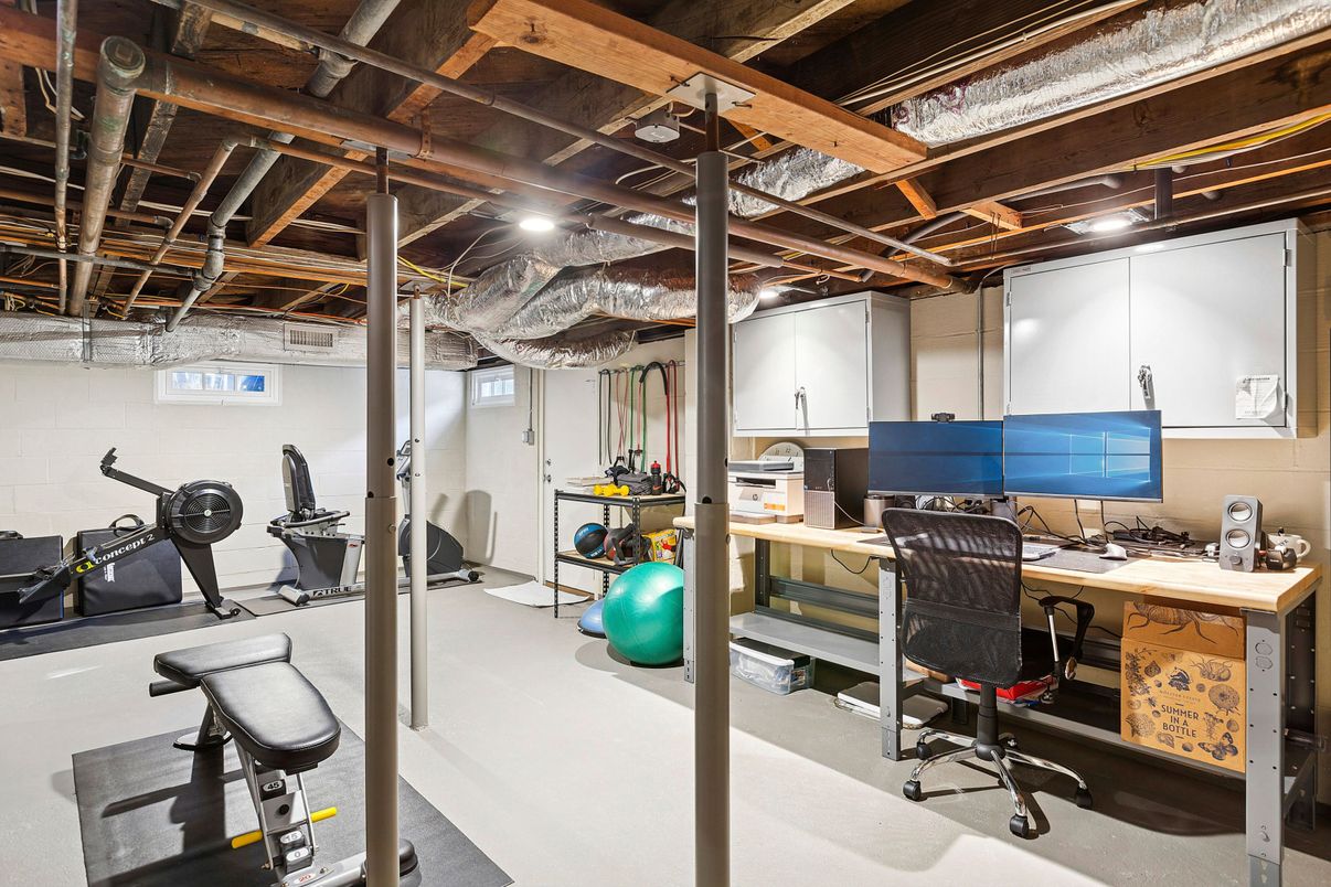 Fitness Equipment, Home Office, Interior, Recessed Lighting, Wooden Beams
