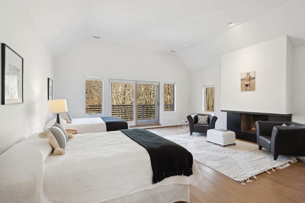 Bedroom, Fireplace, Interior, Recessed Lighting, Wood Texture Flooring