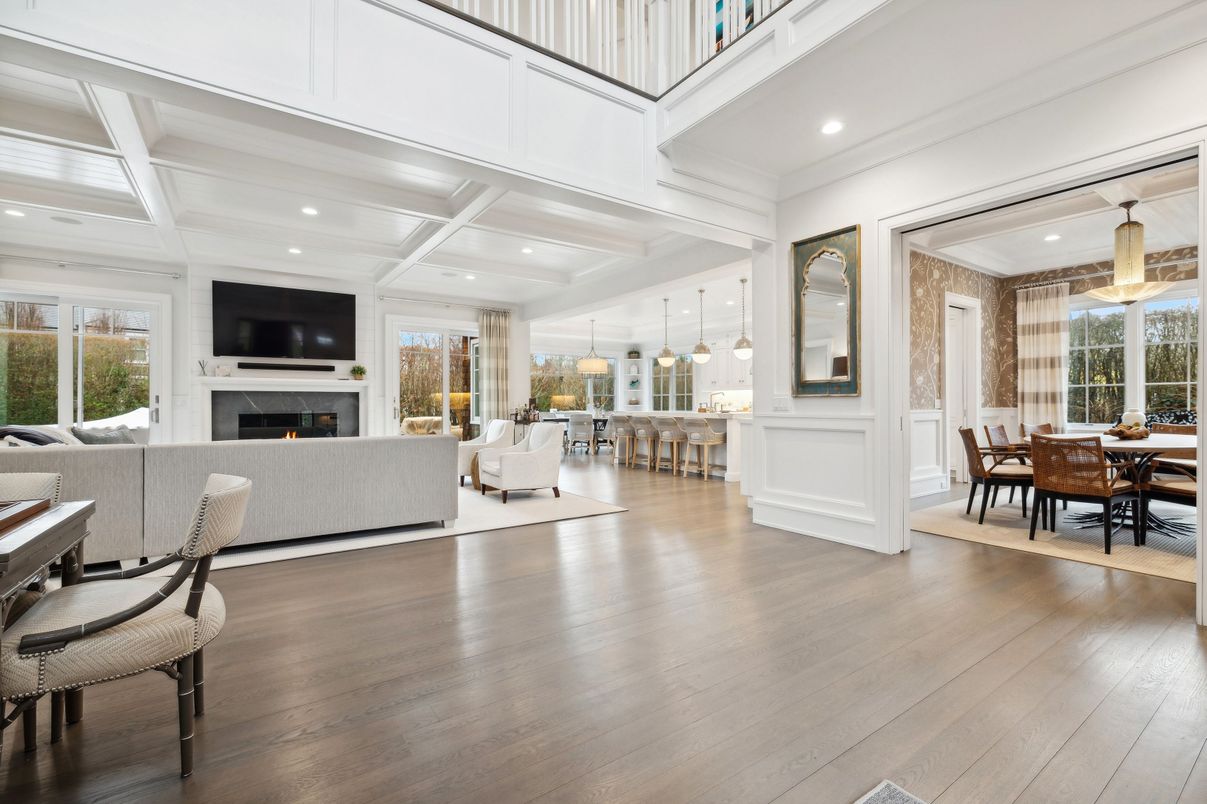 Dining room, Fireplace, Interior, Living room, Pendant Lights, Recessed Lighting, Wood Texture Flooring
