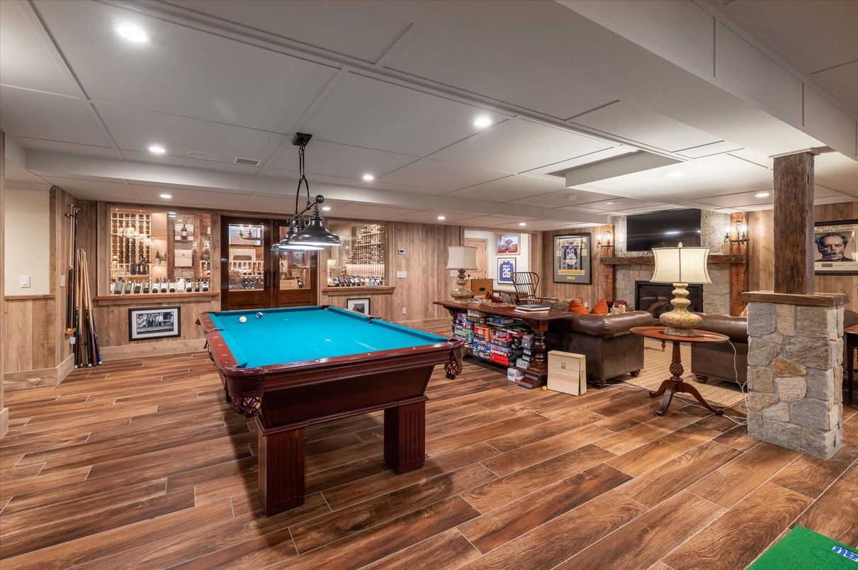 Billiard Table, Game Room, Interior, Pendant Lights, Recessed Lighting, Wood Texture Flooring, Wooden Walls