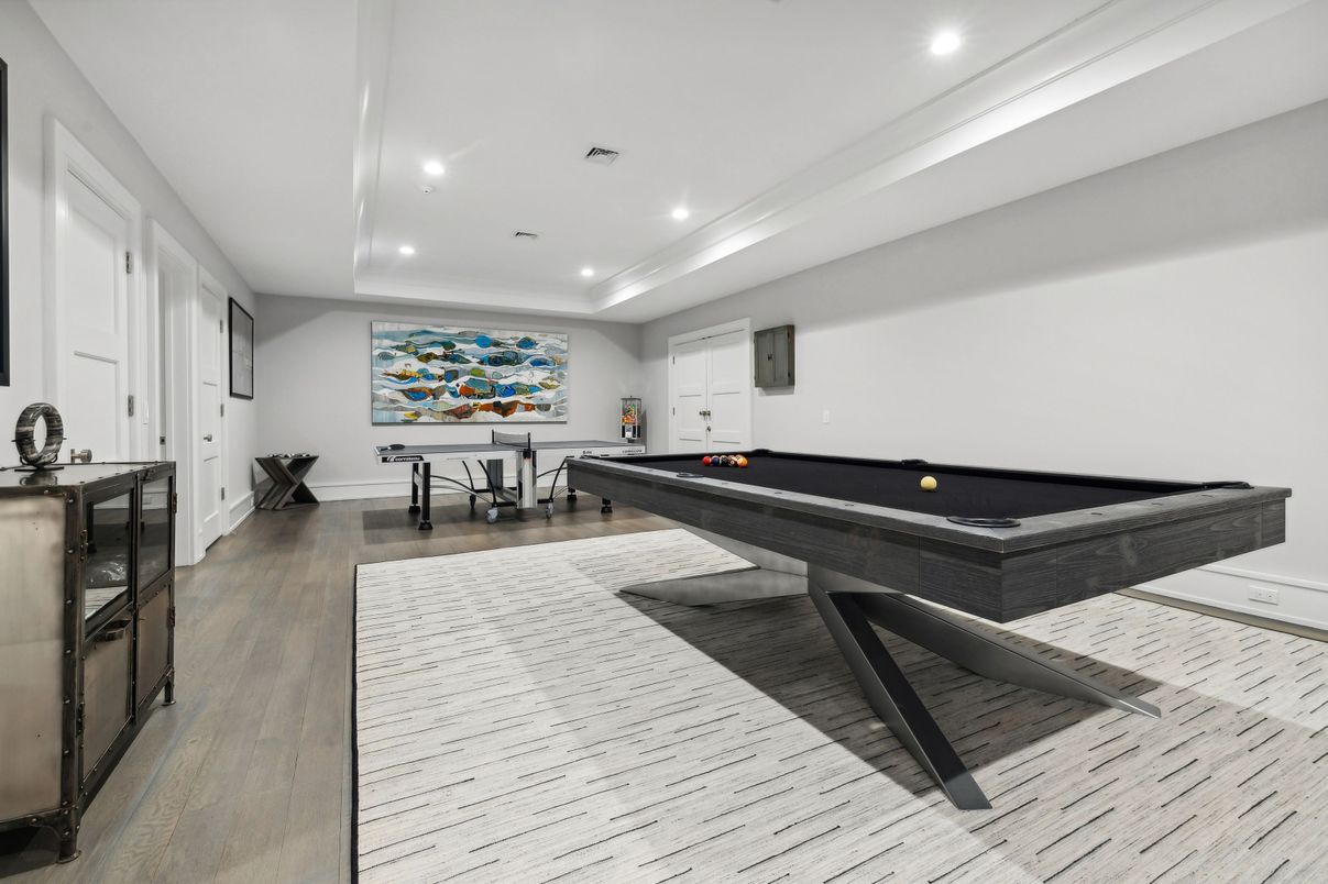Billiard Table, Game Room, Interior, Recessed Lighting, Wood Texture Flooring