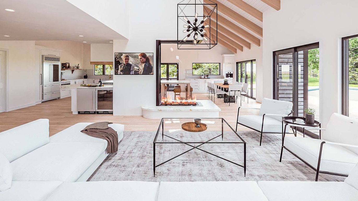 Dining room, Fireplace, Interior, Kitchen, Living room, Pendant Lights, Recessed Lighting, Wooden Beams, Wooden Ceilings, Wood Texture Flooring