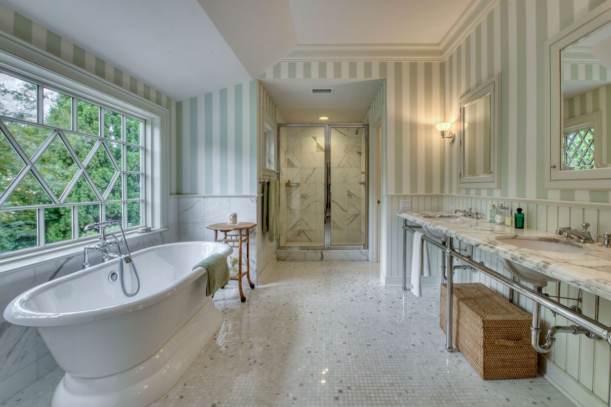 Bathroom, Dual Sink Vanities, Free Standing Baths, Glass Shower, Interior, Marble Walls, Recessed Lighting