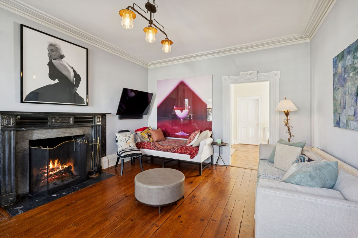 Fireplace, Interior, Living room, Pendant Lights, Wood Texture Flooring