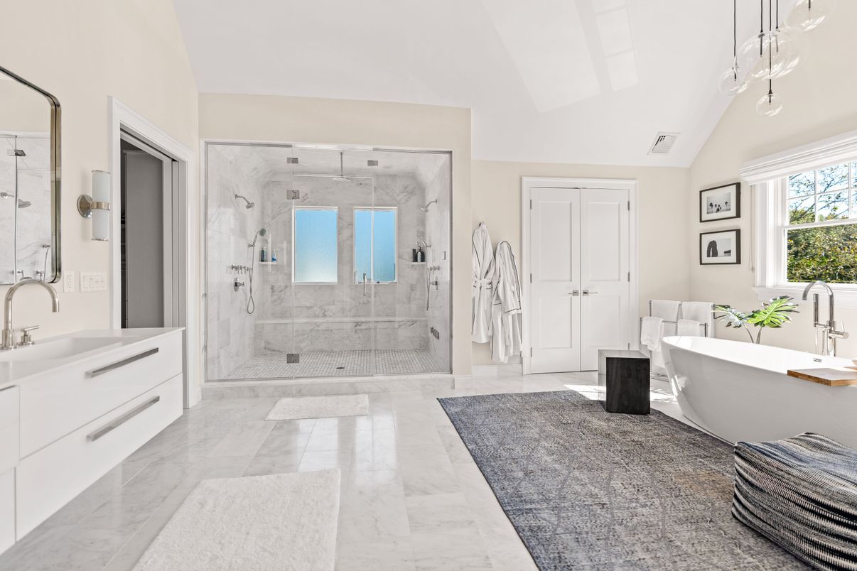 Bathroom, Free Standing Baths, Glass Shower, Interior, Marble, Marble Walls, Pendant Lights