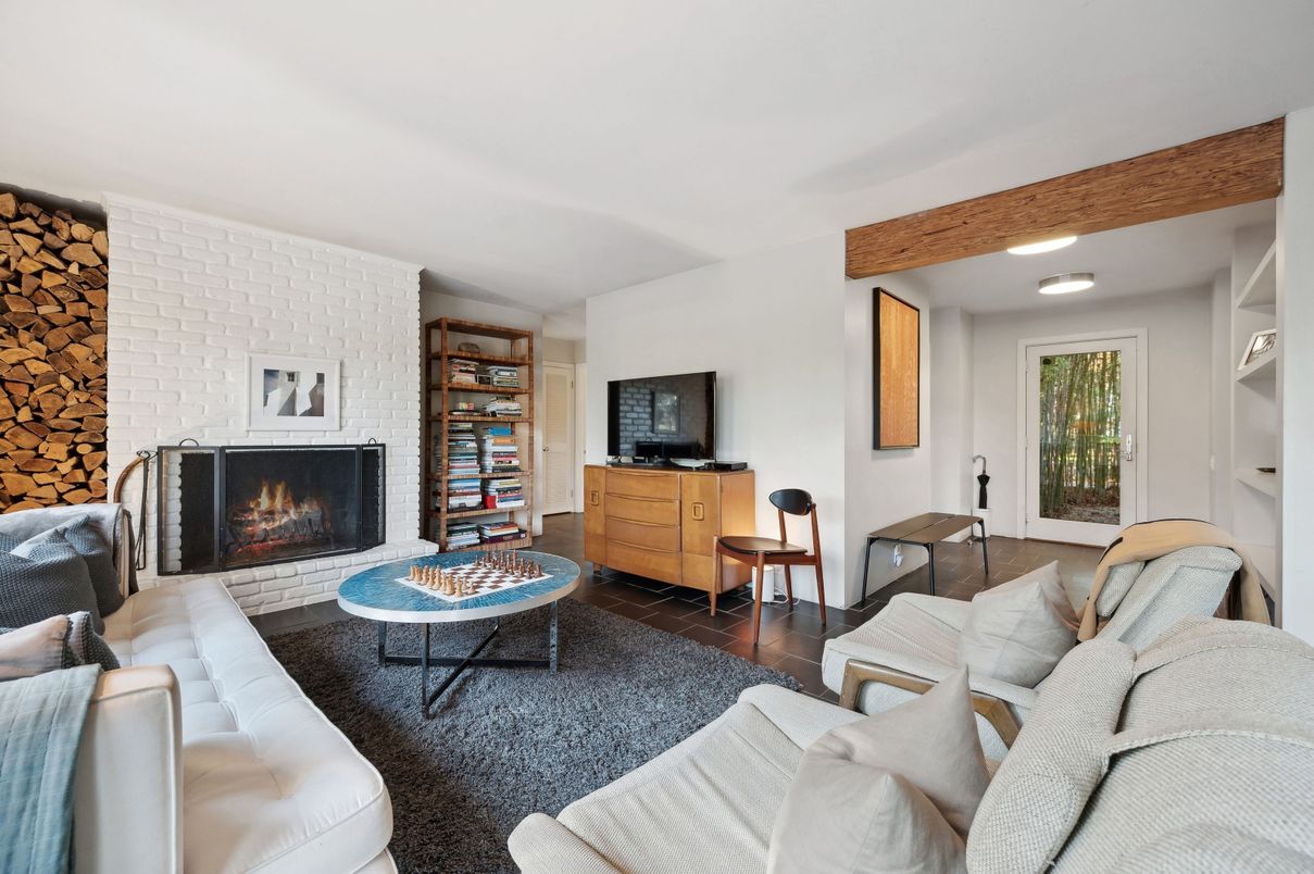 Fireplace, Interior, Living room, Recessed Lighting, Stone Walls, Wood Texture Flooring