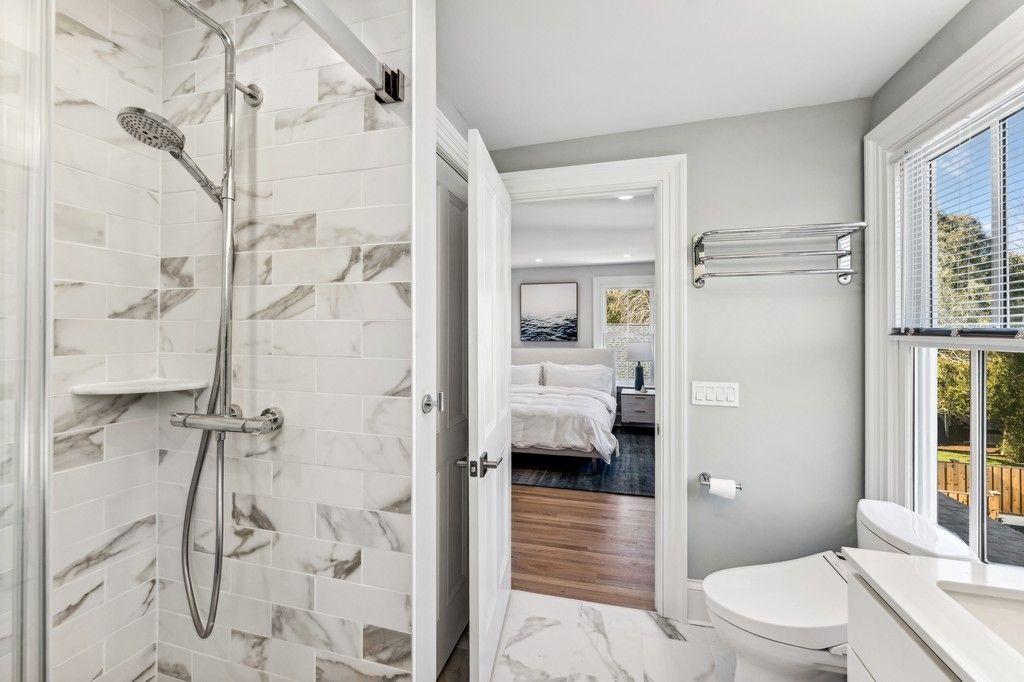 Bathroom, Bedroom, Glass Shower, Interior, Marble, Marble Walls, Recessed Lighting, Wood Texture Flooring