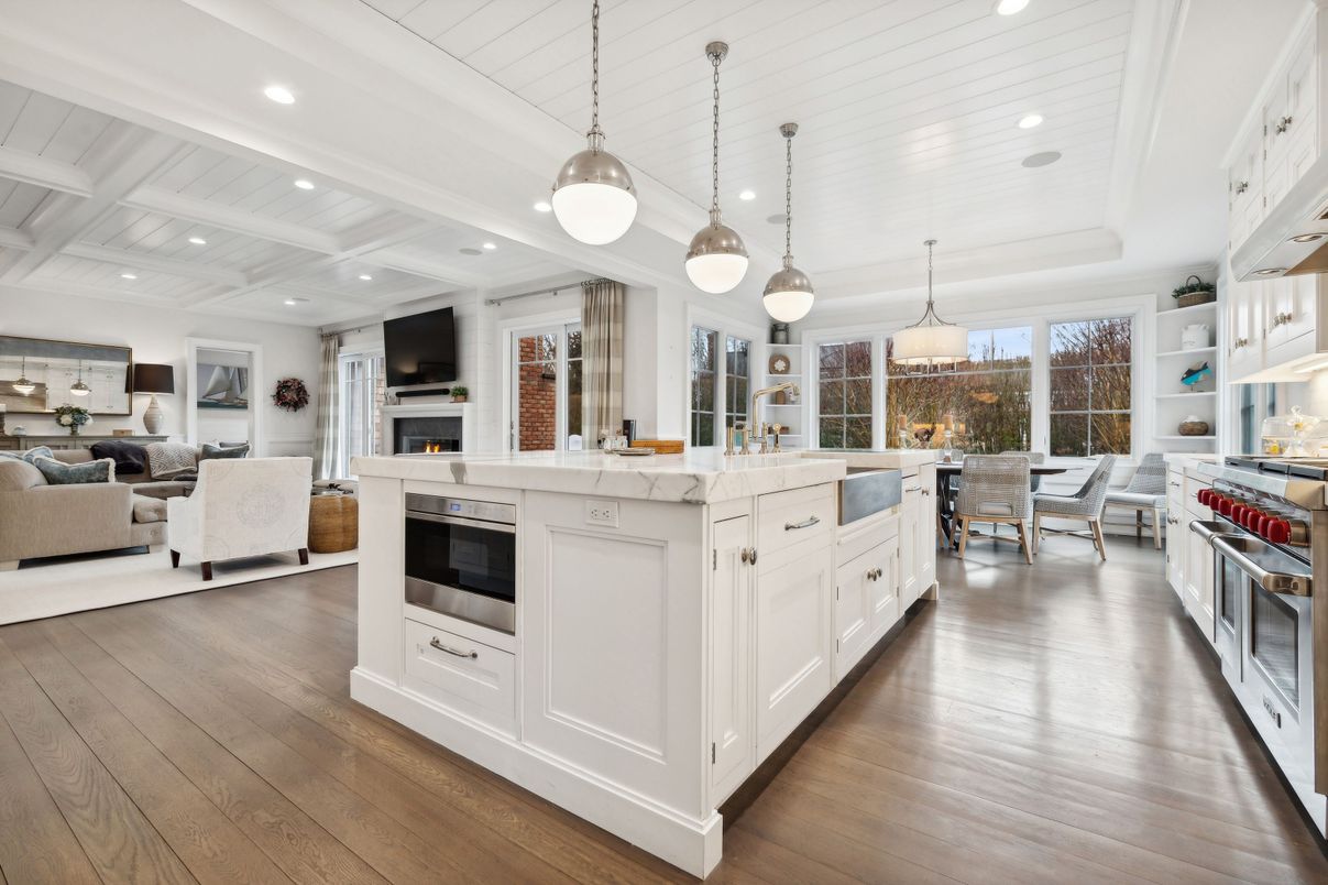 Dining room, Fireplace, Interior, Kitchen, Living room, Pendant Lights, Recessed Lighting, Stainless Steel Appliances, Wood Texture Flooring