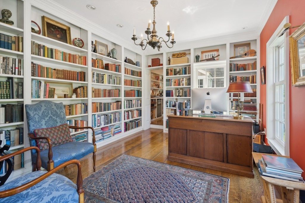 Chandelier, Home Office, Interior, Recessed Lighting, Wood Texture Flooring