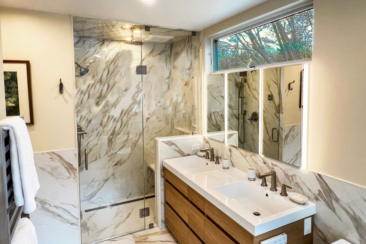 Bathroom, Glass Shower, Interior, Marble Walls, Recessed Lighting