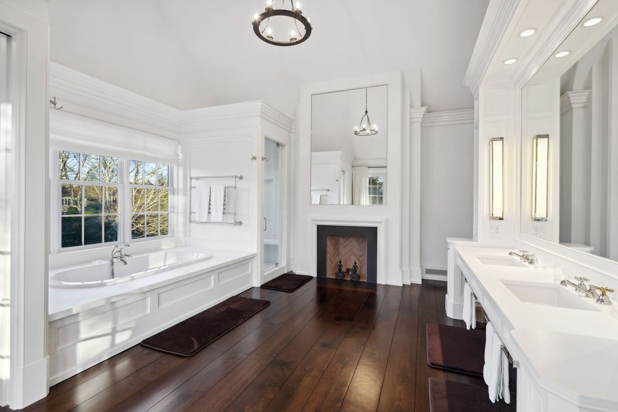 Bathroom, Dual Sink Vanities, Fireplace, Interior, Pendant Lights, Recessed Lighting, Wood Texture Flooring