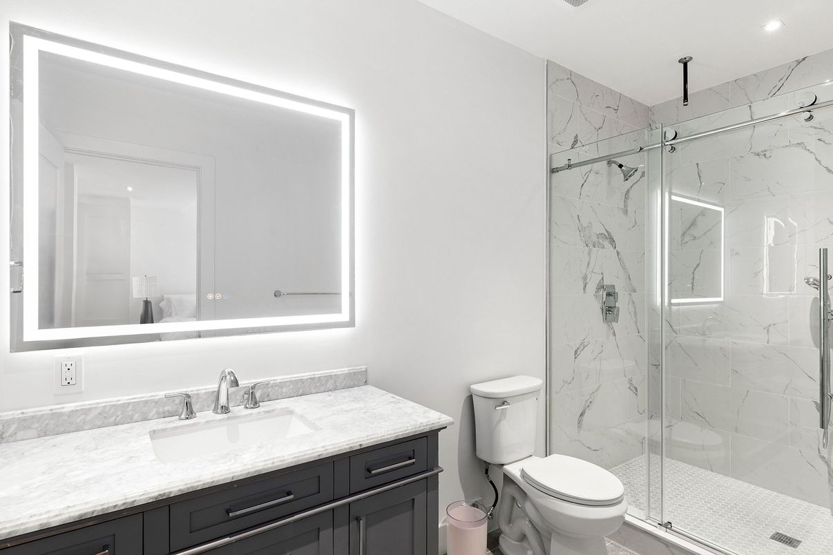 Bathroom, Glass Shower, Interior, Marble Walls, Recessed Lighting