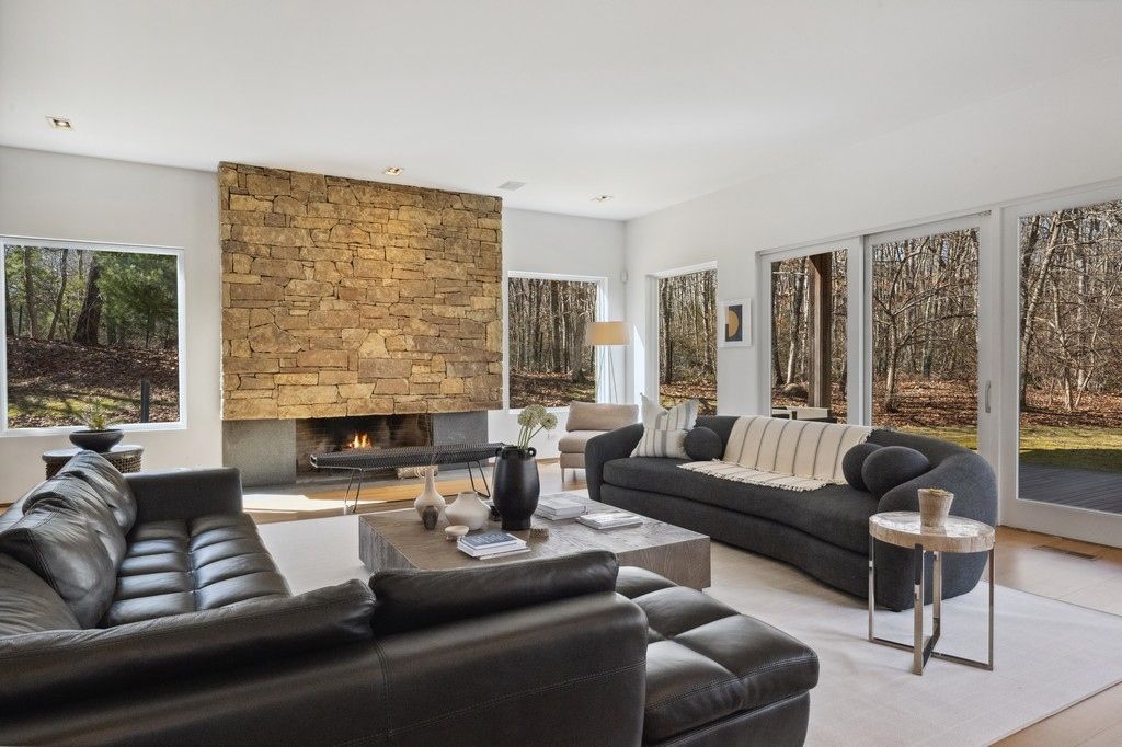 Fireplace, Interior, Living room, Recessed Lighting, Stone Walls